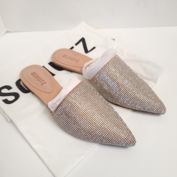 Schutz | Felicie Crystal Flat Mule Slides in Honey Beige Size 7 - Picture 4 of 9